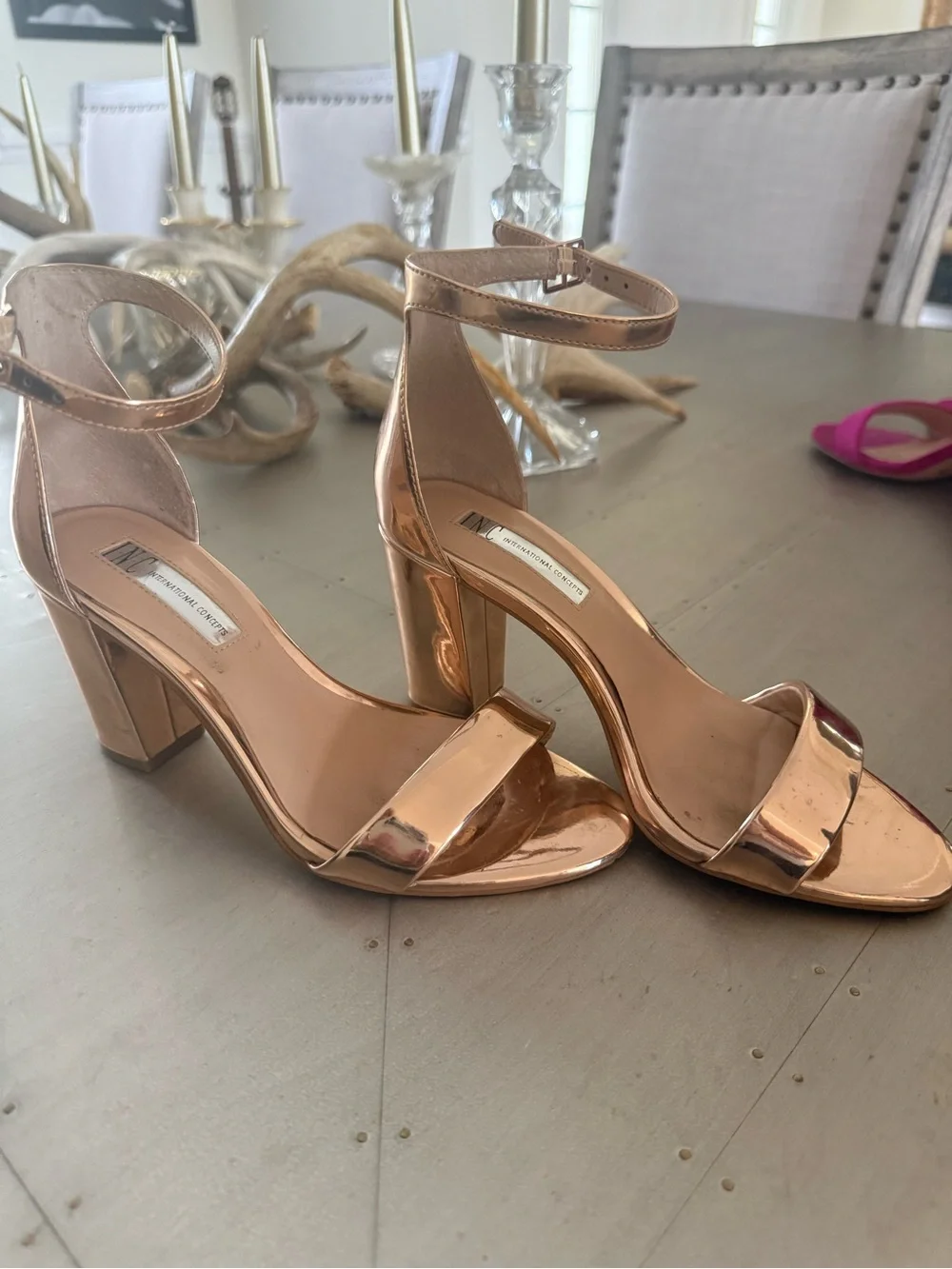 INC International Concepts Metallic Rose Gold Ankle-Strap Block Heels - Picture 2 of 4